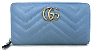 グッチ 長財布 ラウンドファスナー マーモント 443123 水色 ライトブルー ジップアラウンド ジッピー GUCCI レディース レザー