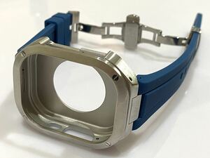 シルバーネイビー★アップルウォッチバンド ラバーベルト カバー　ステンレス Apple Watch ケース 49mm ウルトラ　ultra メンズ レディース