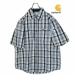 Carhartt RELAXED FIT 半袖シャツ XL チェック柄 ロゴ刺繍 刻印ボタン クリーニング プレス済み カーハート 古着 USED ネコポス可 0723-