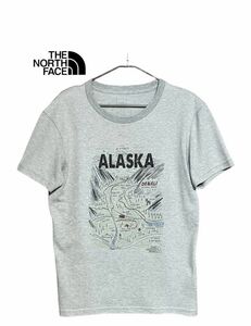 ★ALASKAプリントロゴ★ THE NORTH FACE 半袖Tシャツ M グレー バックロゴプリント アウトドア 古着 USED ネコポス可 0714