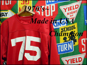 ★変わり種好きな方に★Made in USA製アメリカ製ChampionチャンピオンビンテージナンバリングプリントメッシュフットボールTシャツ70s赤白L