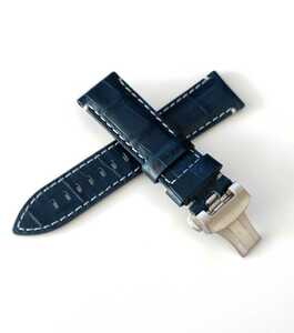 22mm イタリアン カーフレザー 腕時計 革ベルト ネイビーブルー×ホワイト Dバックル パイプチューブ付 【対応】パネライ PANERAI