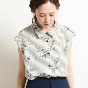 美品 IENA イエナ ストライプフラワーノースリーブシャツブラウス 花柄 ナチュラル