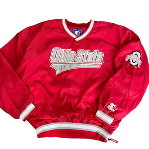 90s STARTER OHIO STATE Vネック プルオーバー ジャケット XXL スターター オハイオ カレッジ チーム ロゴ 刺繍 ナイロン ゲームジャケット