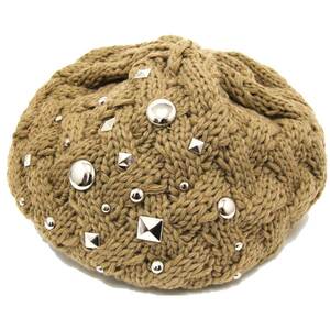 帽子 レディース 秋冬 ベレー帽 キラキラスタッズ付き 模様編みニットベレー ベージュ knit-1339-02