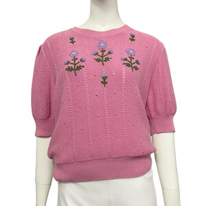 GUCCI Gucci knitted tops floral embroidery puff sleeve M pink cotton silk 2021AW