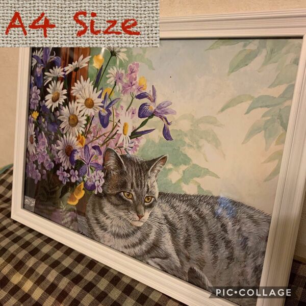 アンティーク 雑貨 アメリカ 猫 ネコ アート 絵画 切抜き複写額付き　A4