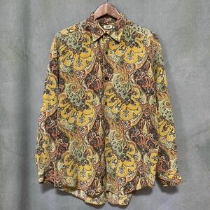 希少 80's JUN MEN ジュンメン ヴィンテージ DCブランド 当時物 ペイズリー 総柄 良デザイン シルク ボックス シャツ size.M イエロー