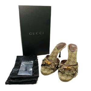 GUCCI グッチ ホースビット ミュール ヒール バンブー GGキャンバス シューズ レディース 37 1/2C