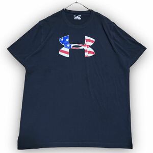 Y142★USA古着★UNDER ARMOUR アンダーアーマー 半袖Tシャツ アメリカ国旗 ブランドロゴ 品質タグ無し XLサイズ ブラック ユニセックス