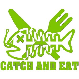 釣り ステッカー CATCH AND EAT 【黄緑】 Sサイズ 横幅15㎝ キャッチ＆イート 釣り具 フィッシング 切抜き ステッカー シール 防水 屋外OK