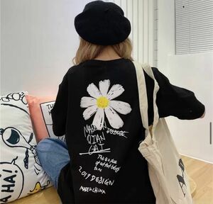 【新品未使用】花柄 バックプリント 半袖Tシャツ 黒 オーバーシャツ Lサイズ