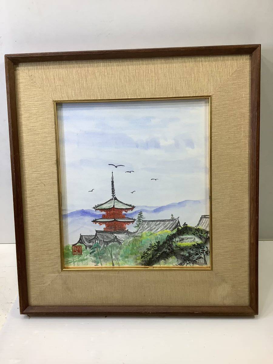 水彩画 清水寺 色紙サイズ 額装日本画 風景画, 絵画, 水彩, 自然, 風景画