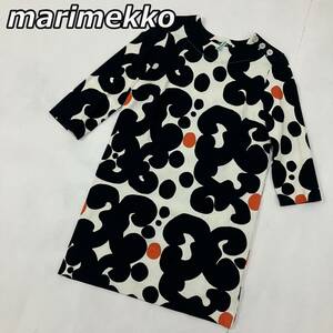 【marimekko】マリメッコ 総柄 七分袖 クルーネック ワンピース 黒 紺 白 ブラック ネイビー ホワイト オレンジ