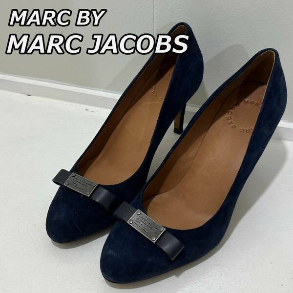 size:36【MARC by MARC JACOBS】マークジェイコブス スエードレザー ヒール パンプス リボンデザイン 紺色 ネイビー