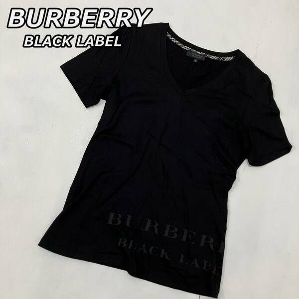 【BURBERRY BLACK LABEL】バーバリー ブラックレーベル ビッグロゴ プリント Vネック 半袖 カットソー Tシャツ タイト 黒 ブラック