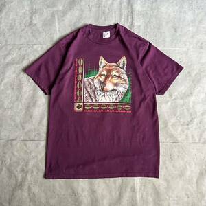 90s USA製 狼 オオカミ プリント JERZEES パープル 紫 コットン 半袖Tシャツ tee / 古着 ビンテージ ヴィンテージ 動物プリント 80s