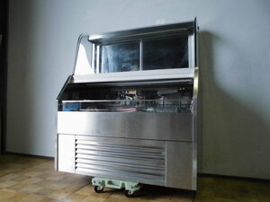 中古厨房 業務用 オープン 2段 ディスプレイ 冷蔵ショーケース 上段常温 下段冷蔵 後引戸 三相 200V 照明付 特注品 W1200×D600×1380ｍｍ