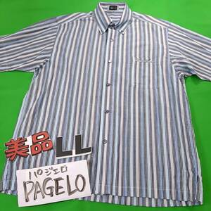 K4★美品 PAGELO パジェロ 送料無料★綿100% 半袖 カラーカッターシャツ ドレスシャツ ワイシャツ★メンズLLサイズ ストライプ柄シャツ 青