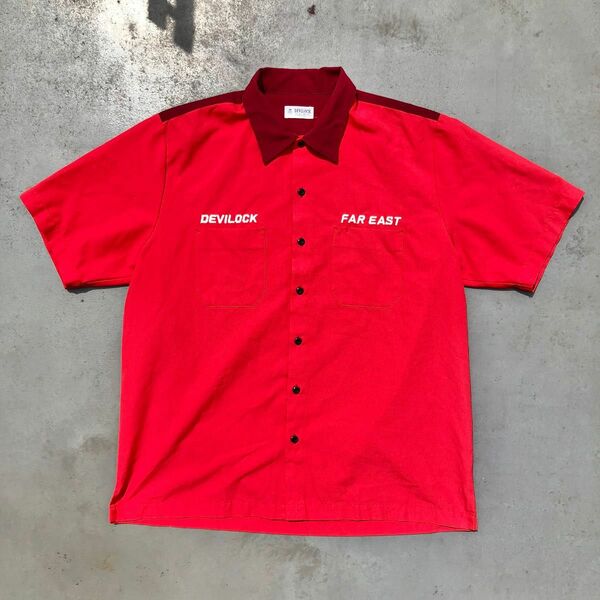 DEVILOCK デビロック FAREAST 刺繍ロゴ 半袖 ゲームシャツ ボーリングシャツ ダーツシャツ XLサイズ相当 レッド