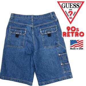 90s USA製 ゲス ペインターショーツ 33 GUESS デニムショーツ バギーショーツ ワイドショーツ ストリート B系 HIPHOP スケーター 古着 SK8