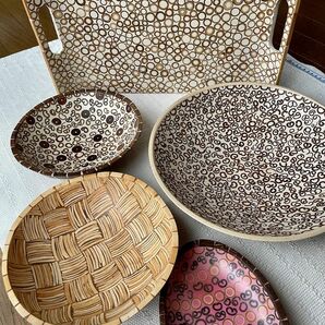 竹製トレイ、木製デコレーションボウル、木の器5点まとめて　set of 5 handmade items from Bali