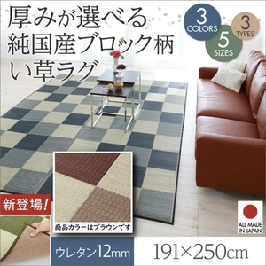 厚みが選べる3タイプ 純国産ブロック柄い草ラグ casule カジュール ウレタン12mm 191×250cm【ブラウン】