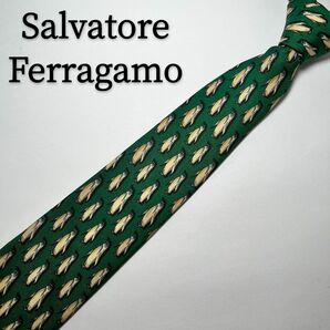 フェラガモ Salvatore Ferragamo ネクタイ シルク グリーン 総柄 穏やか ハイブランド レギュラー 緑 絹