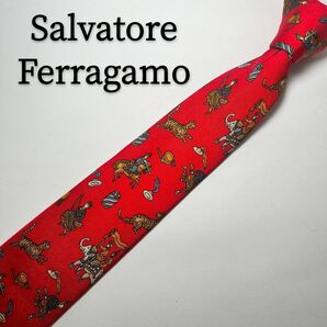 フェラガモ Salvatore Ferragamo ネクタイ シルク レッド 総柄 情熱的 ハイブランド 赤 絹 タイガー