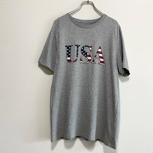アメリカ古着　半袖Tシャツ　USA　星条旗　Lサイズ　ライトグレー　プリント　【F283】