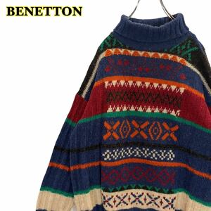 BENETTON ベネトン　長袖　タートルネックセーター　イタリア製　総柄　ウール　メンズ　Mサイズ 【AY1163】