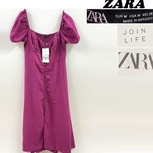 /M/ ZARA ワイン ミディドレス レディース タグ カジュアル トップス ミモレ ボタンフェミニン 大人可愛い 結婚式フォーマル ザラ