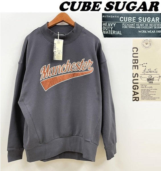 /M/ CUBE SUGAR チャコール 長袖スウェット ロゴトレーナー アメカジ レディーストップスプルオーバーストリートキューブシュガー