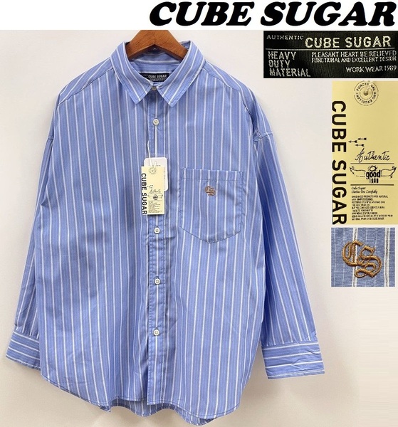 未使用品 /M/ CUBE SUGAR ブルー 長袖レギュラービッグシャツ ストライプ トップス 羽織り アメカジレディースきれいめ青 キューブシュガー