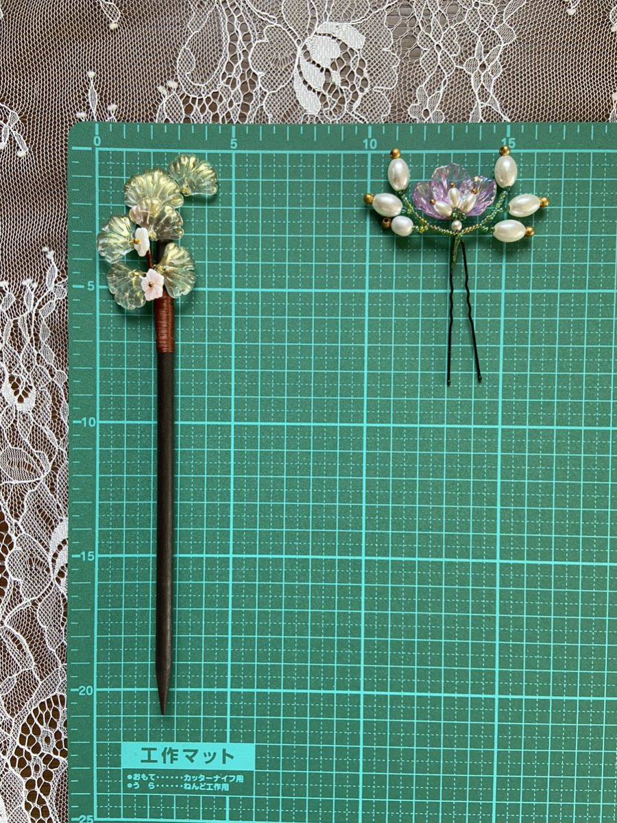 Handmade Hair Accessory Kanzashi 455 Ginkgo and Lotus, Handmade, Accessories (for women), hair accessory