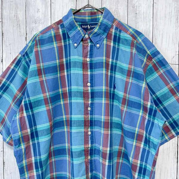 ラルフローレン Ralph Lauren BLAKE チェックシャツ 半袖シャツ メンズ ワンポイント コットン100% Lサイズ 3‐425