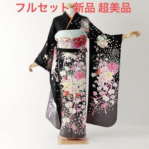 【新品】振袖　フルセット　セット　正絹　白の桜やピンクリボンが可愛い振袖　成人式