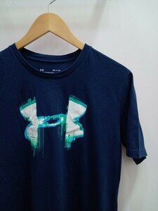 ★E057 UNDER ARMOUR アンダーアーマー 半袖Tシャツ カラーTシャツ ロゴプリントTシャツ スポーツ サイズS 紺色 