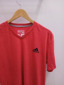 ★F003 adidasアディダス 半袖Tシャツ シンプルTシャツ スポーツ カラーTシャツ Vネック 赤系 