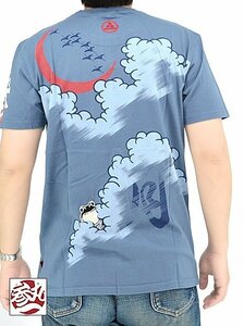 花鳥風月半袖Tシャツ ◆参丸一 ブルーMサイズ ST-80014 和柄 和風 蛙 かえる カエル さんまるいち