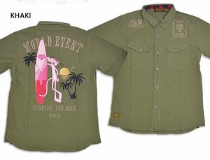 ピンクパンサー×フラッグスタッフ 半袖ワークシャツ◆Flagstaff カーキLサイズ 432044 刺繍 バイカー 豹 ミリタリー