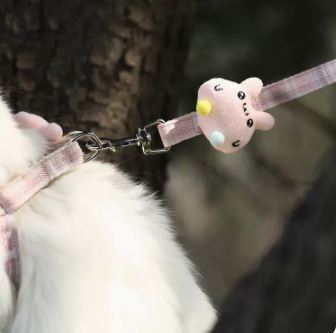 新品 リード & ハーネス セット カエルちゃん ブルー 首輪 ネコ 小型犬 散歩紐 猫 ピンク パステルピンク チェック柄
