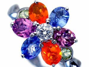 【ジュエリー極】カラフルフラワー！良質天然マルチカラー宝石1.79ct＆極上１粒ダイヤ0.15ct 高級K18WGリング k6759ki【送料無料】