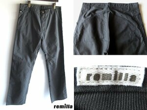 未使用 美品 REMILLA レミーラ 隠しロゴピスネーム ロゴ釦 カーブポケット ツイル生地 ワイド パンツ 34 チャコール 日本製 00s アーカイブ