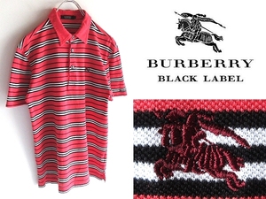 希少 BURBERRY BLACK LABEL バーバリーブラックレーベル ホースロゴ刺繍 鹿の子 ボーダー ポロシャツ 2 レッド 三陽商会 ネコポス対応