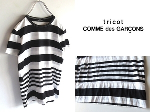 ネコポス対応 tricot COMME des GARCONS トリココムデギャルソン 2008SS 切替 パッチワーク ボーダーカットソー 半袖 Tシャツ FREE 黒 白