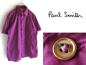 ネコポス対応 Paul Smith ポールスミス メインライン トップ金ボタン ストレッチコットン 袋襟 ボックス 半袖 シャツ S パープル 紫