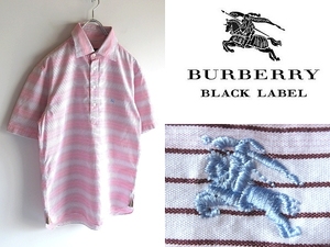 希少 BURBERRY BLACK LABEL バーバリーブラックレーベル ホースロゴ刺繍 マチ生地ノバチェック プルオーバー ボーダー シャツ 2 ネコポス可