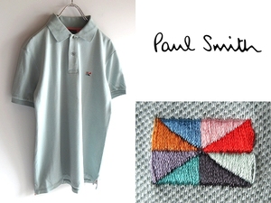 ネコポス対応 Paul Smith LONDON ポールスミス マルチカラーフラッグ刺繍 裾スリット コットン 鹿の子 ポロシャツ S ミントグリーン