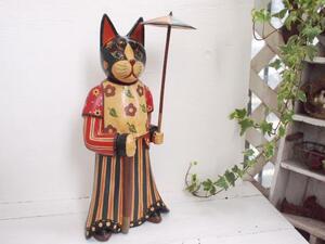  Vintage Bali surface plain wood carving * umbrella difference .. woman cat large ornament * decoration 